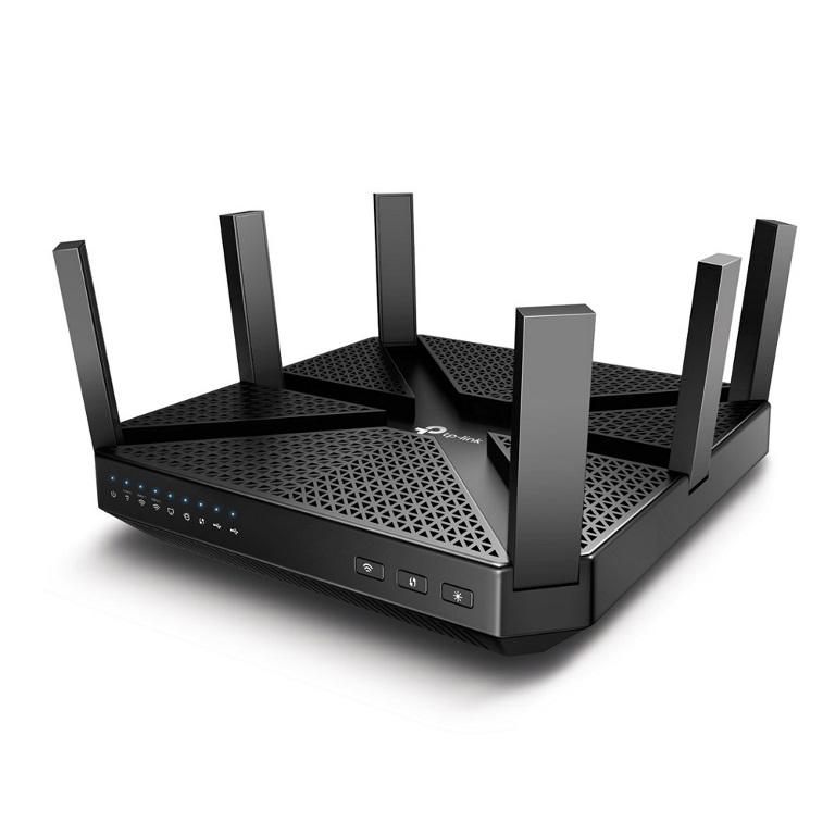 TP-LINK Archer C4000 AC4000 Tri-Band Router with six antennas and multiple ports for high-speed connectivity.